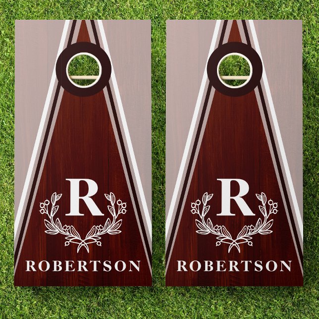 Mahogany Wood Triangle Stripe Laurel Name Monogram Cornhole Set (Creator Uploaded)