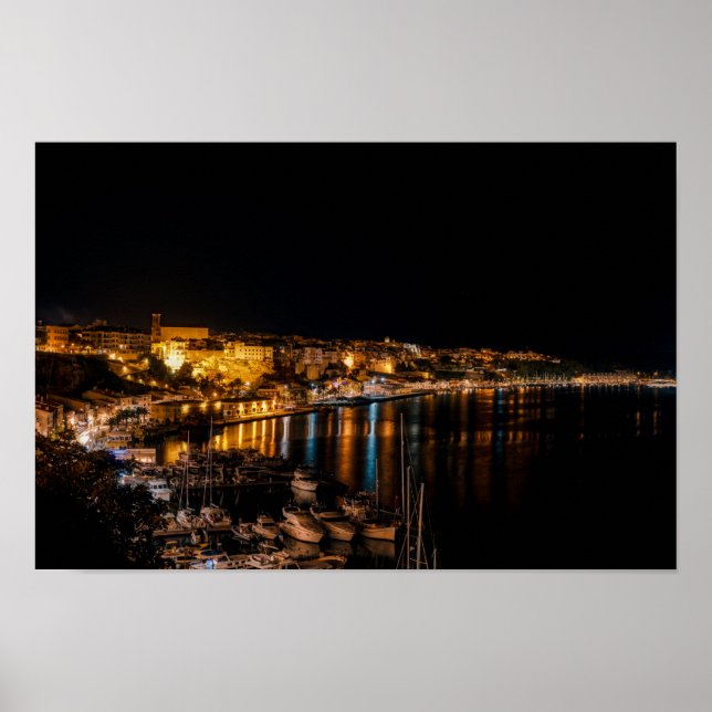 Mahon harbor at night - Menorca, Spain Poster (Front)