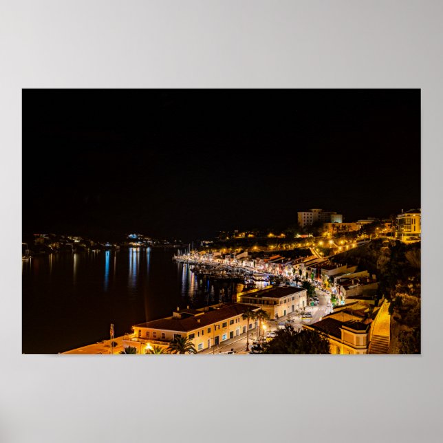 Mahon harbor at night - Menorca, Spain Poster (Front)
