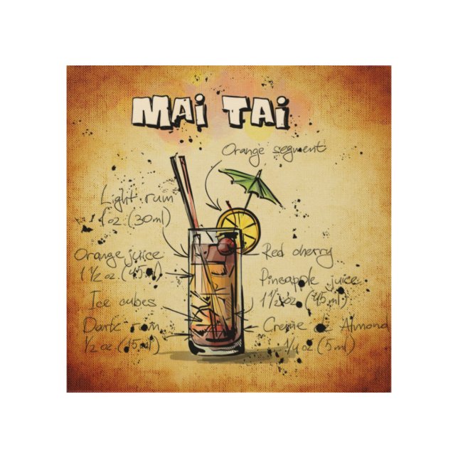 Mai Tai Cocktail Recipe Wood Wall Art (Front)