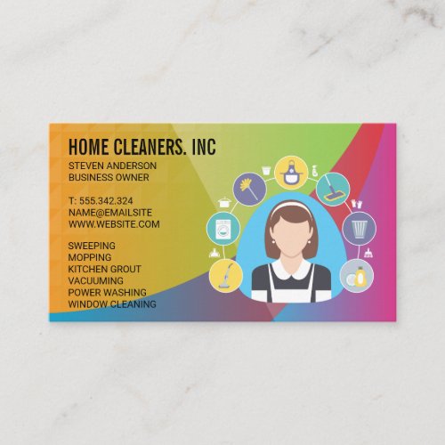 Maid and Cleaning Services Icons  Colorful Business Card