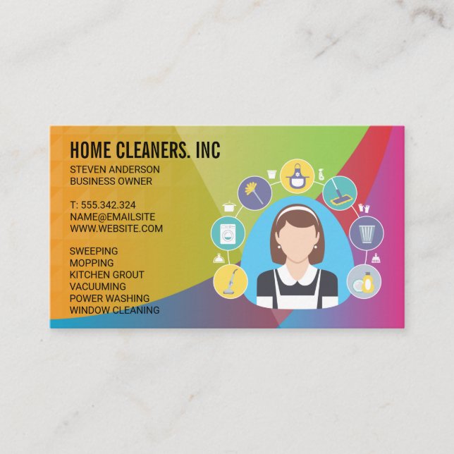 Maid and Cleaning Services Icons | Colorful Business Card (Front)