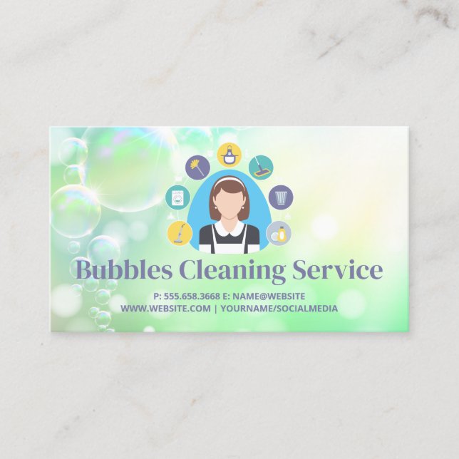Maid and Cleaning Tools Icons | Soap Bubbles Business Card (Front)