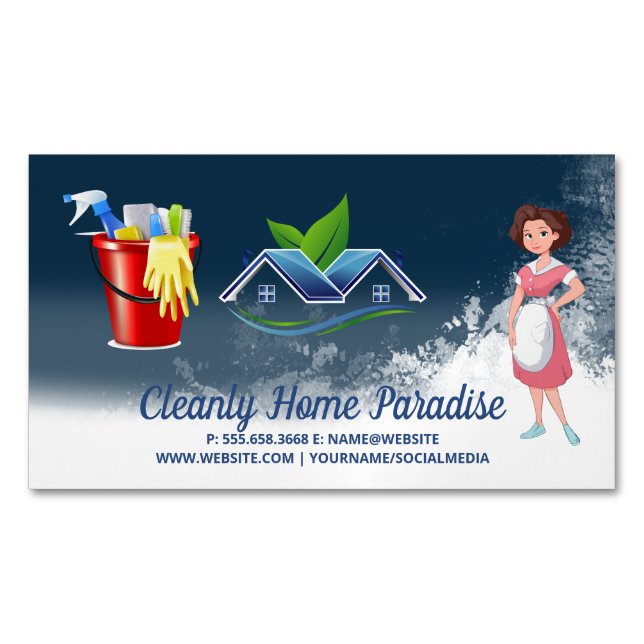 Maid Cleaning House and Cleaning Supplies Business Card Magnet (Front)