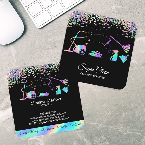 Maid Cleaning House Holographic Sparkling Business Square Business Card