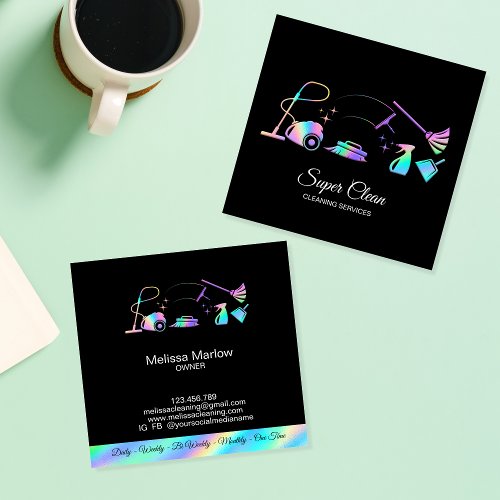 Maid Cleaning House Holographic Sparkling Business Square Business Card