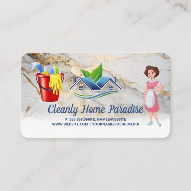 Maid Cleaning House Logo and Cleaner Supplies Business Card (Front)