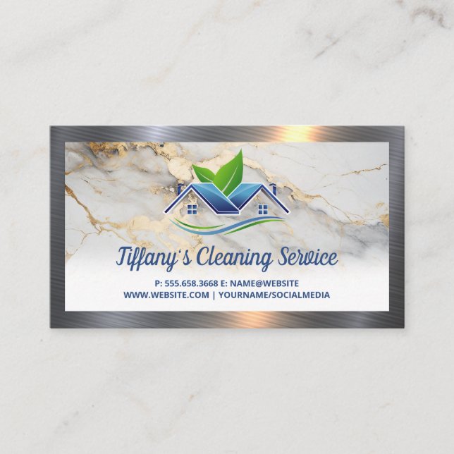 Maid Cleaning House Logo | Metallic Border Business Card (Front)