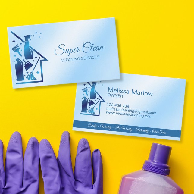 Maid Cleaning House professional Cleaning Services Business Card (cleaning tools logo for cleaning services business, residential and commercial. blue color)