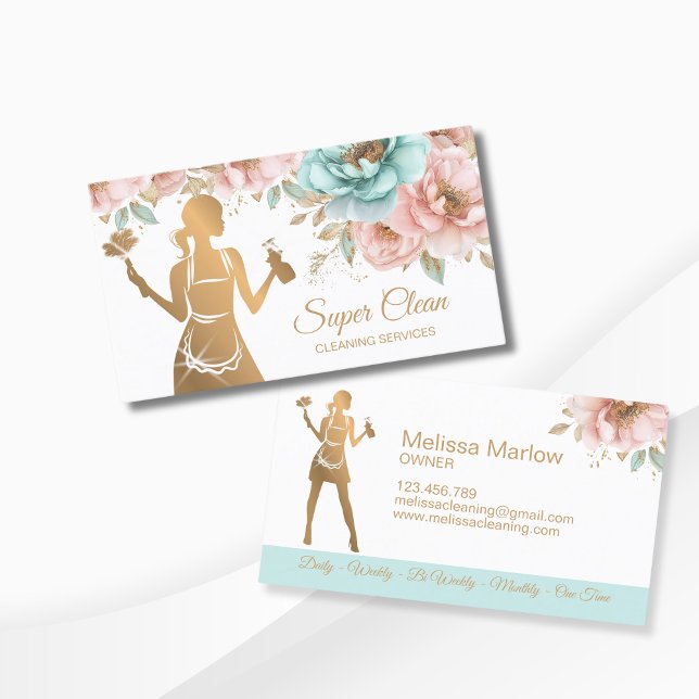 Maid Cleaning House professional Cleaning Services Business Card (gold maid with blush pink and blue peonies)