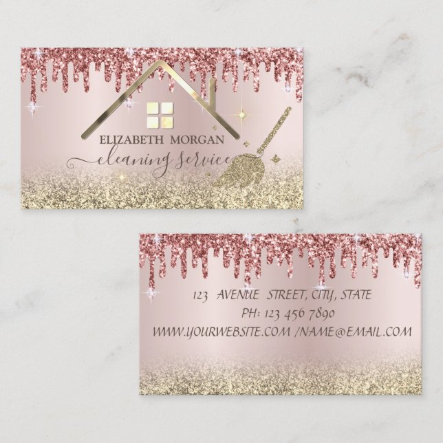 Maid Cleaning House Roof Gold Glitter Drips Business Card (Front/Back)