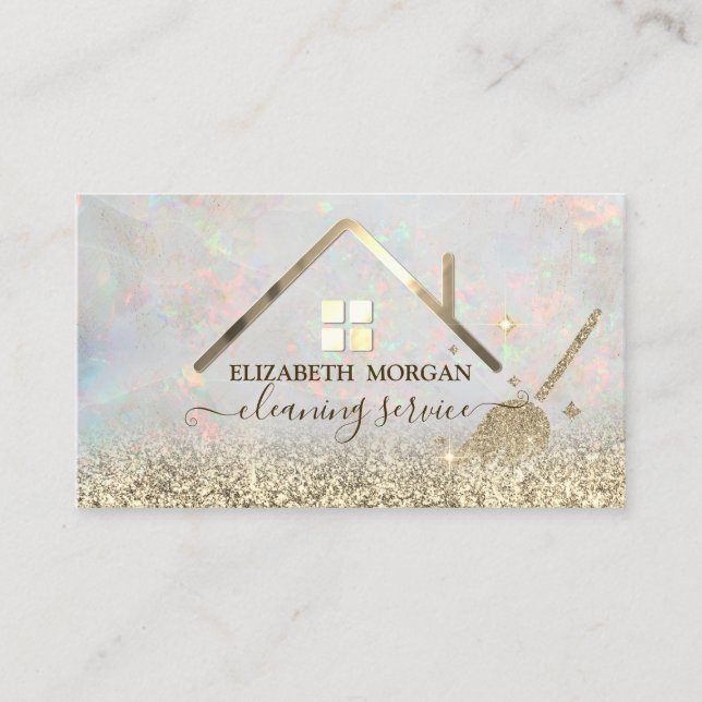  Maid Cleaning House Roof Gold Glitter Opal Business Card (Front)