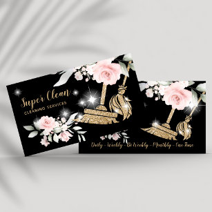 Maid Cleaning House Sparkling Gold Floral Business Business Card