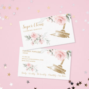 Maid Cleaning House Sparkling Gold Floral Business Card