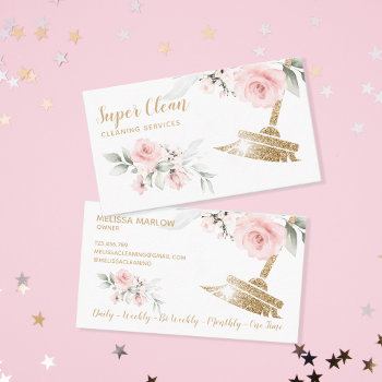Maid Cleaning House Sparkling Gold Floral Business Card by smmdsgn at Zazzle