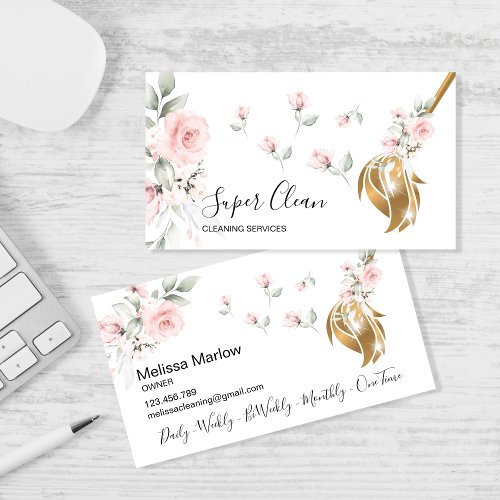 Maid Cleaning House Sparkling gold floral Business Card