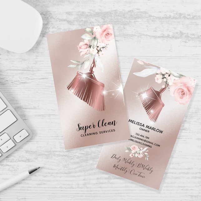 Maid Cleaning House Sparkling Gold Floral Business Card (Creator Uploaded)