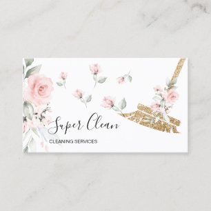 Maid Cleaning House Sparkling gold floral Business Card