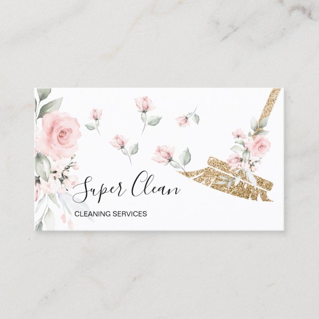 Maid Cleaning House Sparkling gold floral Business Card (Front)