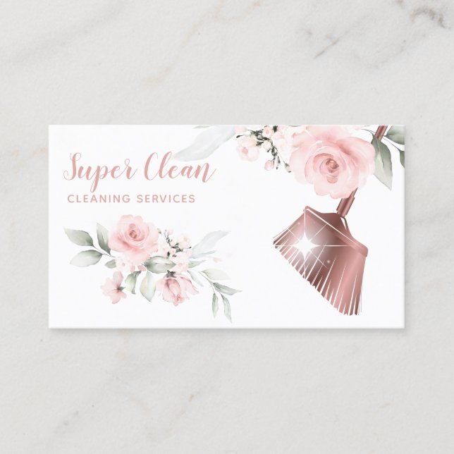 Maid Cleaning House Sparkling Gold Floral Business Card (Front)