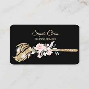 Maid Cleaning House Sparkling gold floral Business Card
