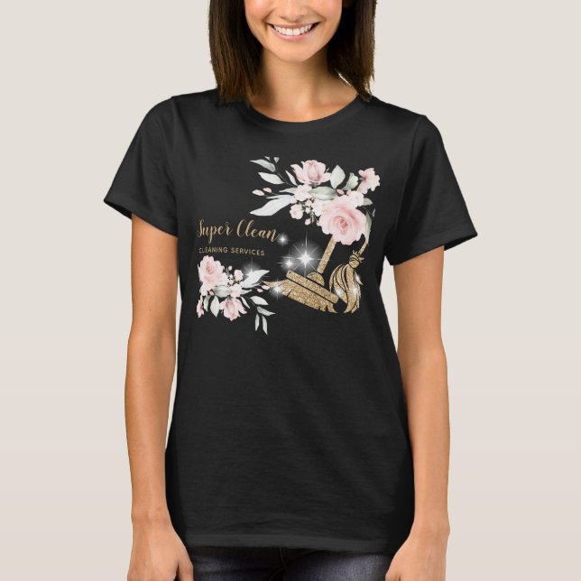 Maid Cleaning House Sparkling Gold Floral Business T-Shirt (Front)