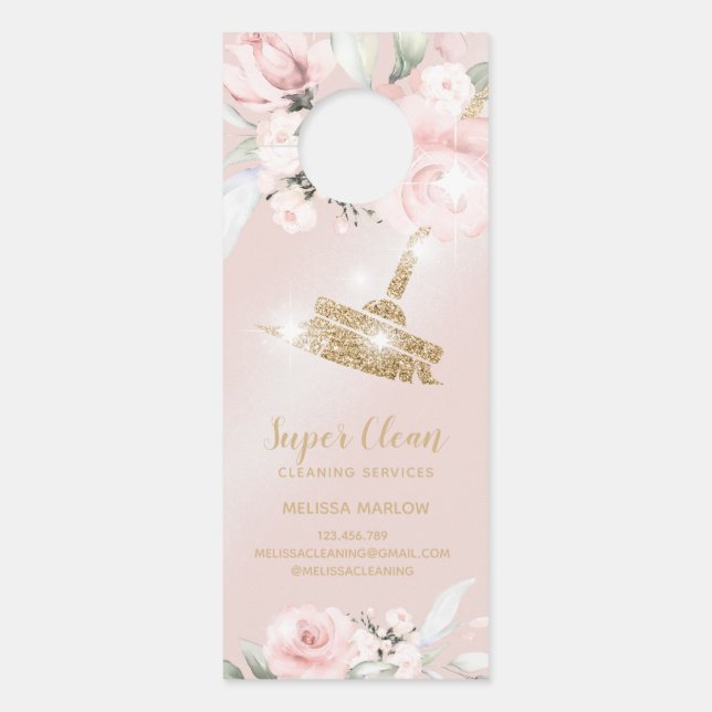 Maid Cleaning House Sparkling Gold Floral Door Hanger (Front)