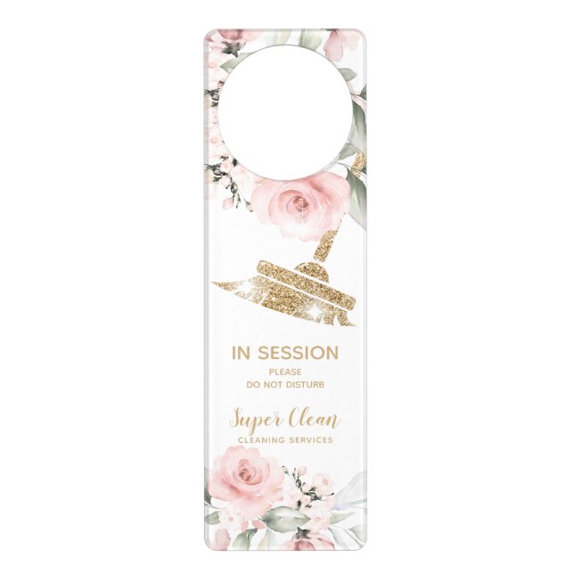 Maid Cleaning House Sparkling Gold Floral Door Hanger (Front)