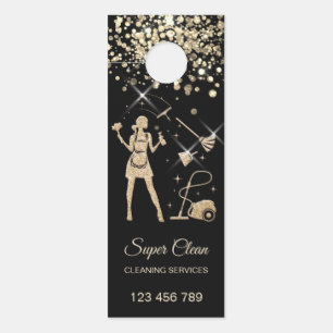 Maid Cleaning House Sparkling Gold Glitter Door Hanger