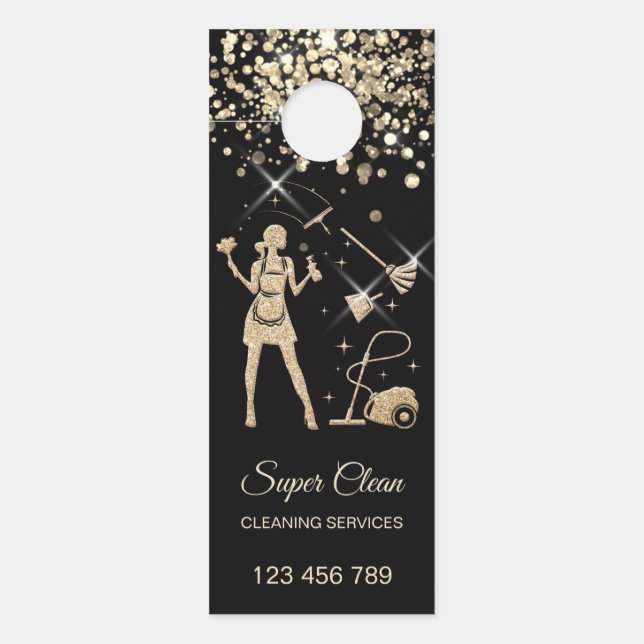 Maid Cleaning House Sparkling Gold Glitter Door Hanger (Front)