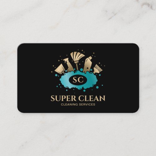 Maid Cleaning House Sparkling  Gold Monogram Business Card