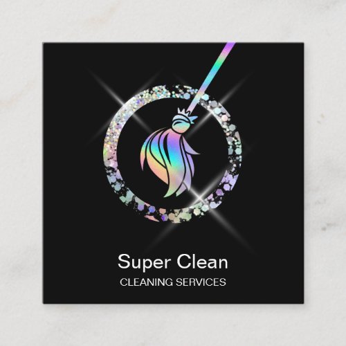 Maid Cleaning House Sparkling Holograph Broom Squa Square Business Card