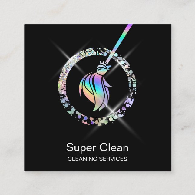Maid Cleaning House Sparkling Holograph Broom Squa Square Business Card (Front)