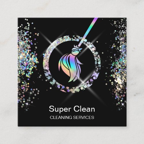 Maid Cleaning House Sparkling Holograph Broom Square Business Card