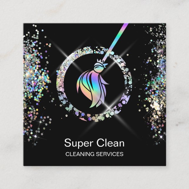 Maid Cleaning House Sparkling Holograph Broom Square Business Card (Front)