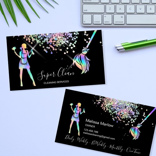 Maid Cleaning House Sparkling Holograph Business C Business Card