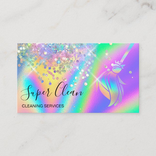 Maid Cleaning House Sparkling Holograph Business C Card (Front)