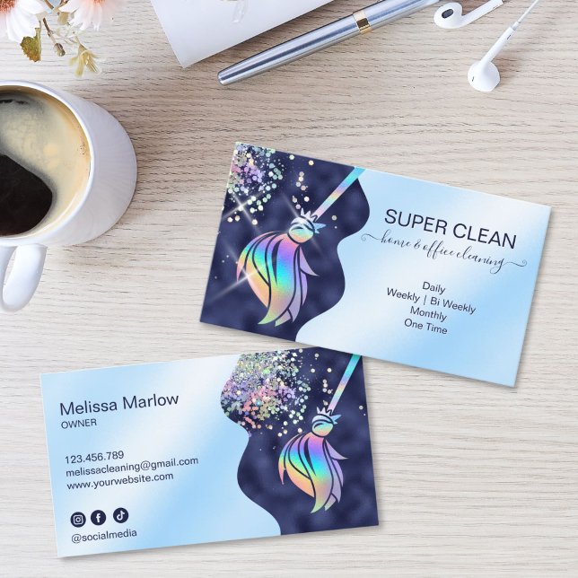 Maid Cleaning House Sparkling Holograph Business C Card (Maid Cleaning House Sparkling Business Card with holographic broom logo, glitter dust)