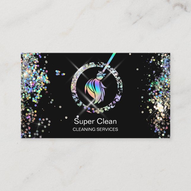 Maid Cleaning House Sparkling Holograph Business C Card (Front)