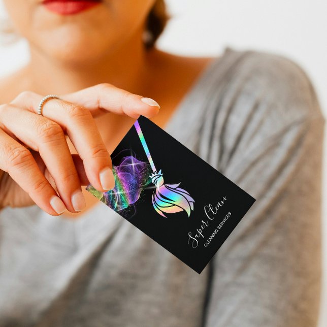 Maid Cleaning House Sparkling Holograph Business Card (holographic foil cleaning services business card)