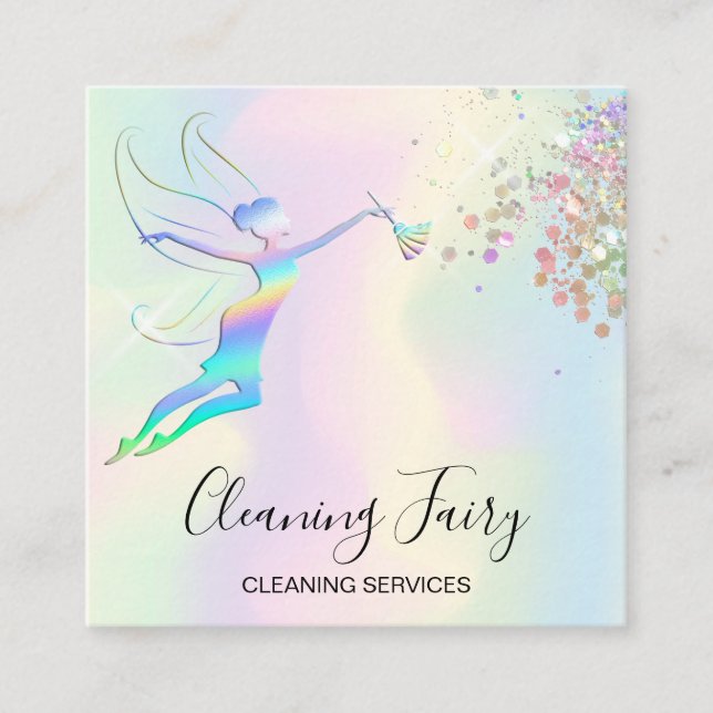 Maid Cleaning House Sparkling Holograph Fairy Square Business Card (Front)
