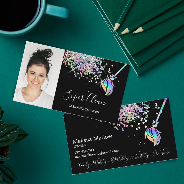 Maid Cleaning House Sparkling Holograph Photo Business Card (Cleaning Business Card with Holographic Logo Design)