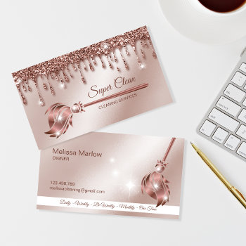 Maid Cleaning House Sparkling Rose Gold Business Card by smmdsgn at Zazzle