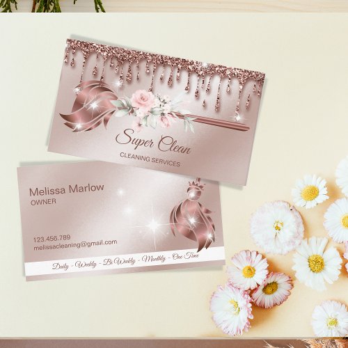 Maid Cleaning House Sparkling rose gold Business Card