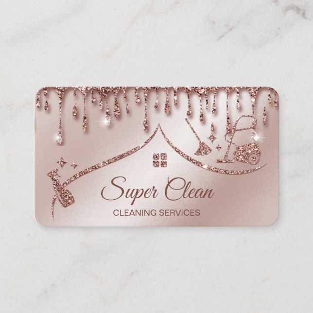 Maid Cleaning House Sparkling rose gold Business Card (Front)