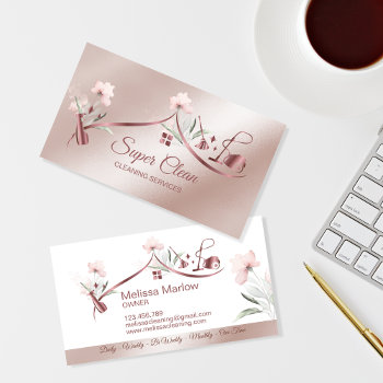 Maid Cleaning House Sparkling Rose Gold Floral Bus Business Card by smmdsgn at Zazzle