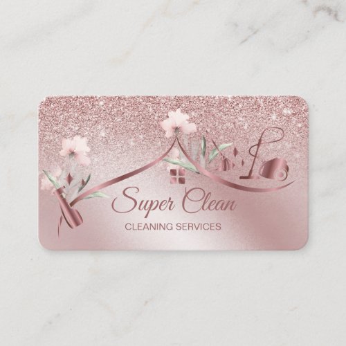 Maid Cleaning House Sparkling rose gold floral Bus Business Card