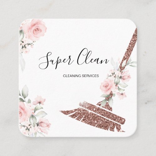 Maid Cleaning House Sparkling rose gold floral Square Business Card