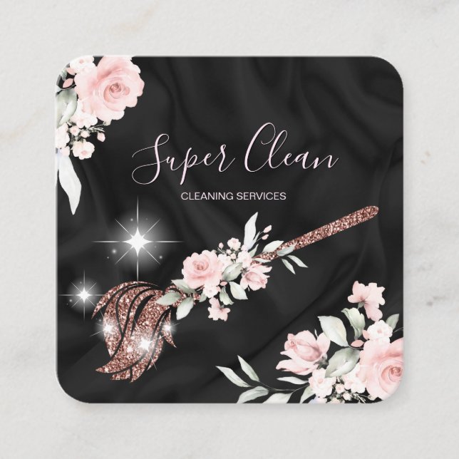 Maid Cleaning House Sparkling rose gold floral Square Business Card (Front)