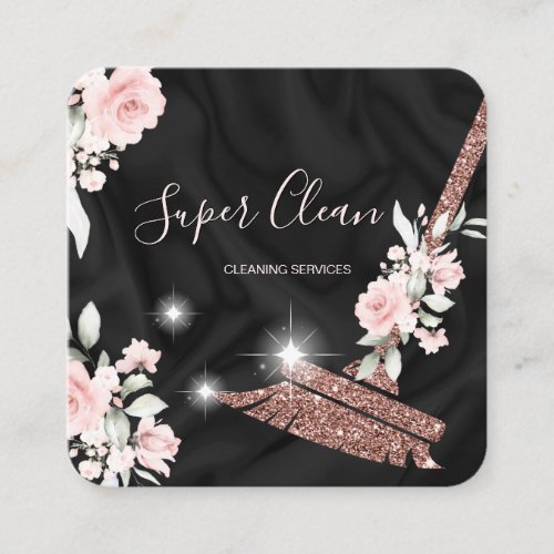 Maid Cleaning House Sparkling rose gold floral Square Business Card